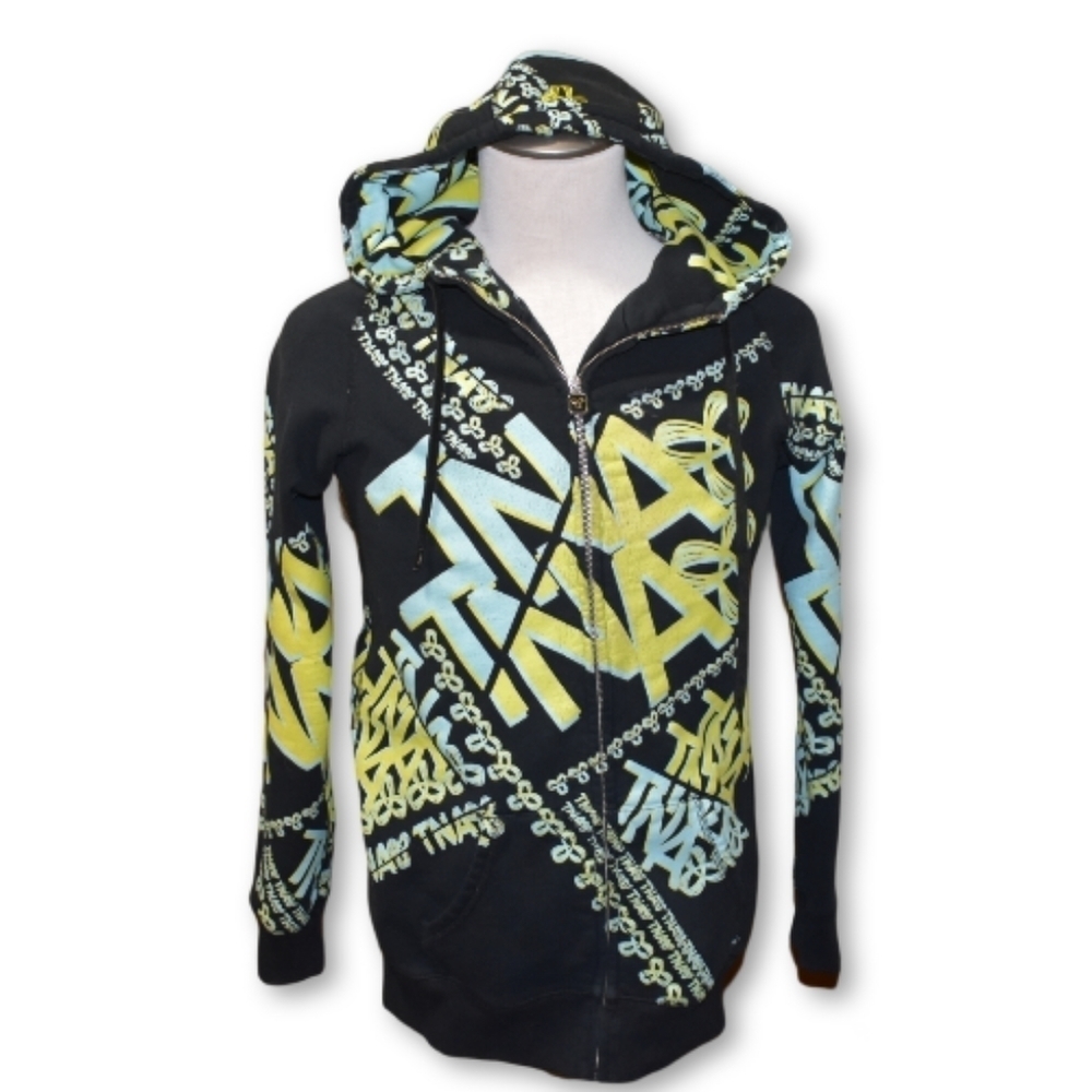 ARITZIA TNA Black Multicolor Sweater Logo Zip Up Hoodie Medium JUNIORS "Flaw"